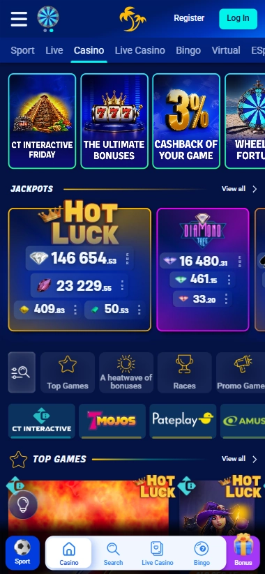 Mobile casino lobby with Hot Luck jackpot